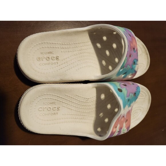 Crocs Tie Dye Graphic Classic Slip On Shoes Women's Size 7 White Colorful Slide - Picture 5 of 8